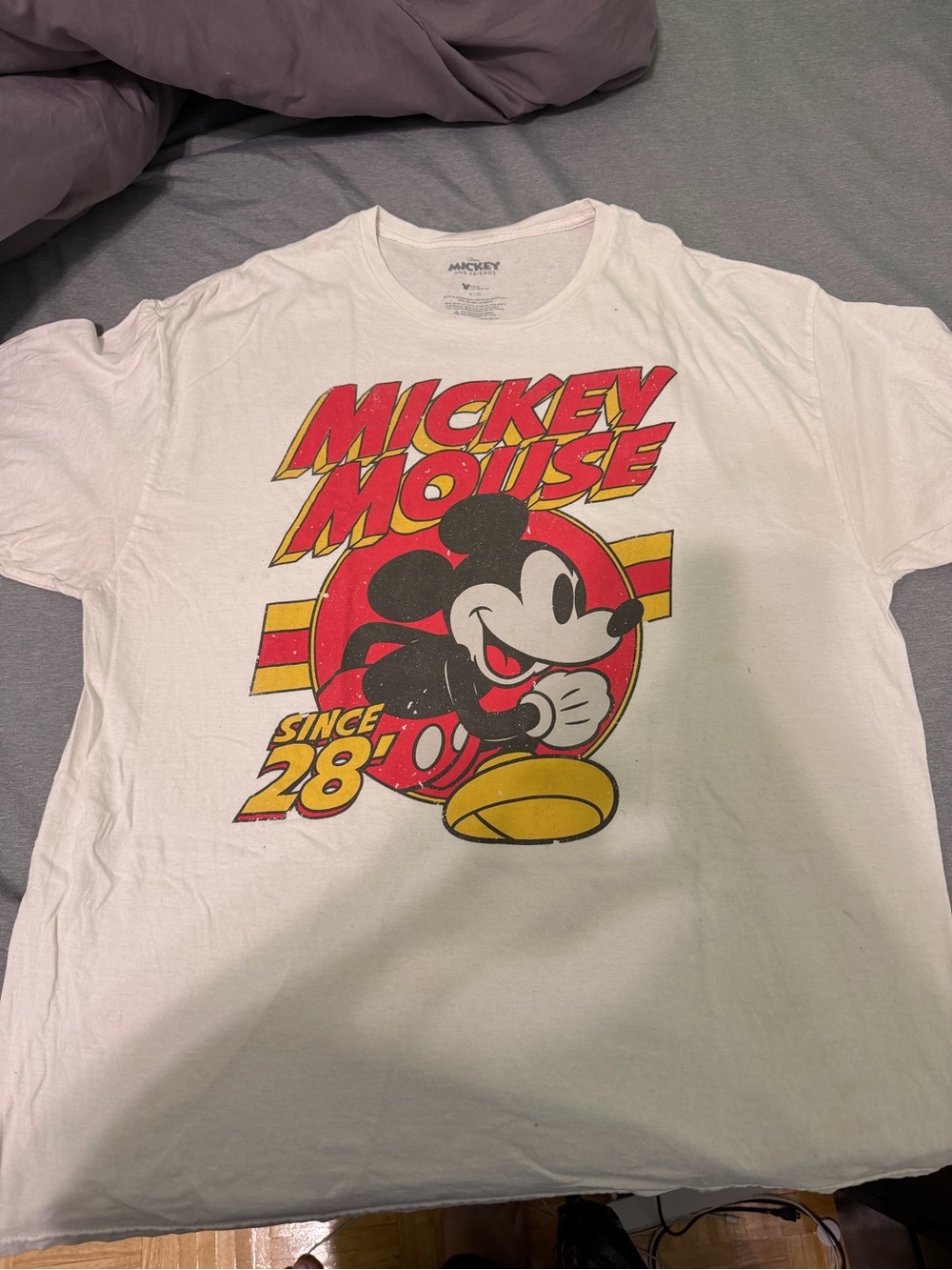 Disney Mickey Mouse Vintage White Graphic Tee with Red, Yellow and Black Print